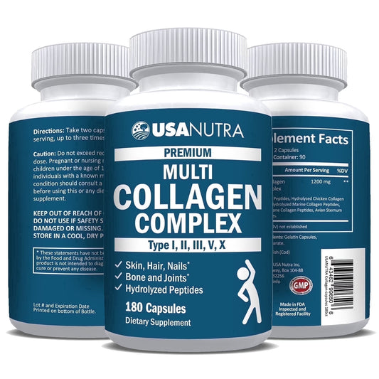 Multi Collagen Capsules Type I, II, III, V, X for Hair, Skin, Nails Joints Eyes Health with Hydrolyzed Collagen Peptides for Women and Men, 180Ct
